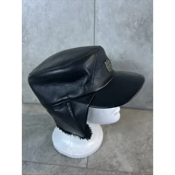 Vintage Leather Football Cap Brass Shield Ear Flaps Lined Size M Black